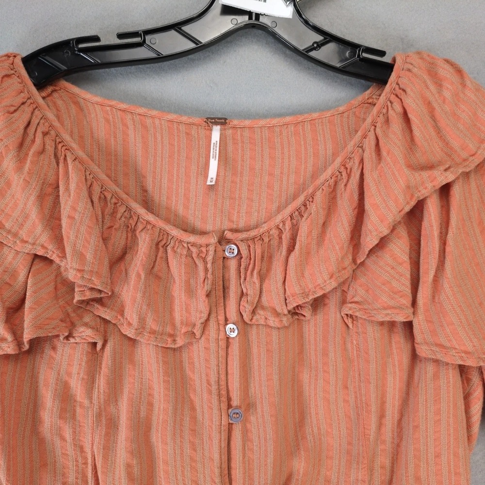 Free People Orange Striped Peasant Crop Top Button Up Shirt Womens M Ruffle Tie - Picture 5 of 10